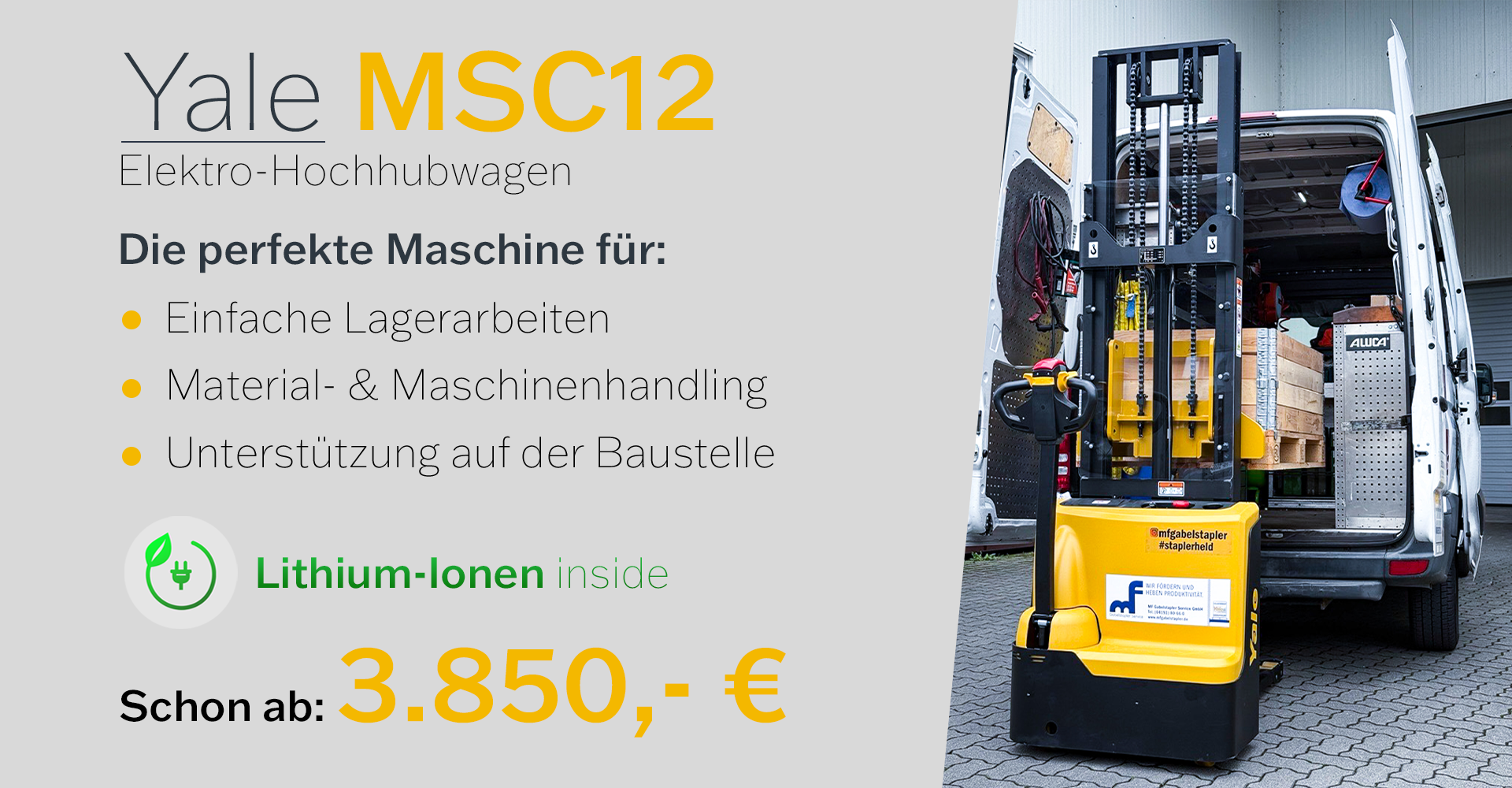 Der Elektro-Hochhubwagen Yale MSC12 ist perfekt für gelegentliche Arbeiten auf dem Bau, Materialtransport und Lagerarbeiten
