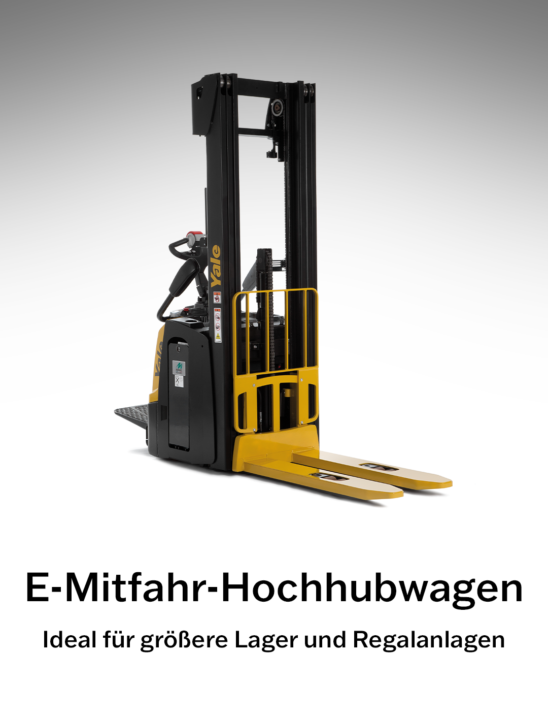 Elektro-Mitfahr-Hochhubwagen von MF Gabelstapler – ergonomischer Hochhubwagen mit Fahrerstand für effizienten innerbetrieblichen Transport.