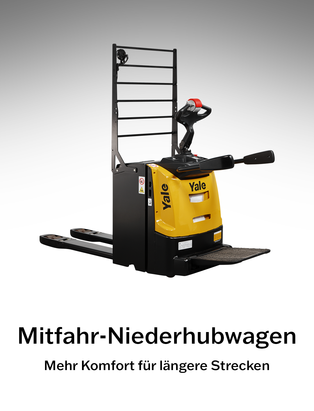 Elektro-Mitfahr-Niederhubwagen von MF Gabelstapler – ergonomischer Hubwagen mit Fahrerstand für effizienten innerbetrieblichen Transport.